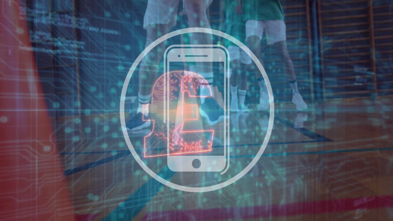 Smartphone and digital brain animation over basketball players on court