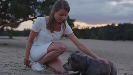 young woman sitting with her american staffordshire terrier and petting the dog