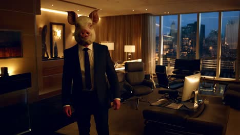 businessman with pig head in a modern office