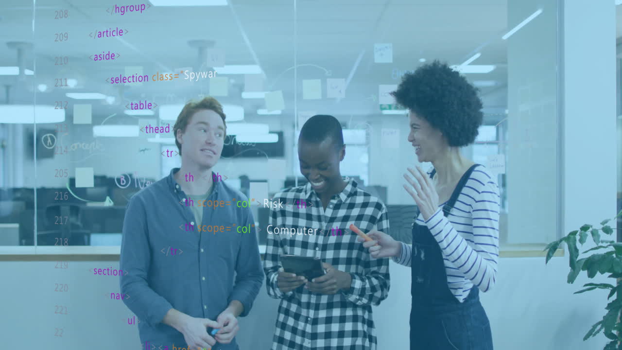 Discussing technology, diverse group with code animation in modern school office