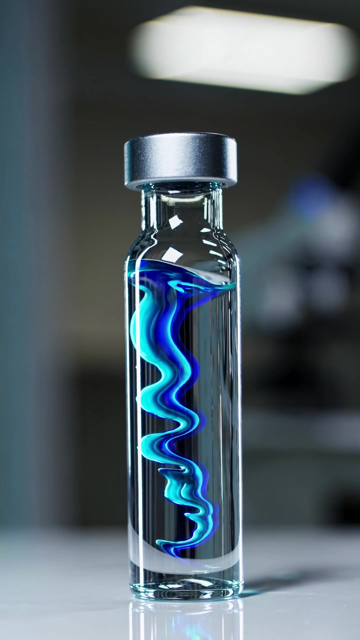 Primo piano di liquido blu vorticoso in una fiala di vetro