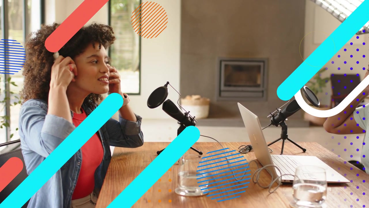 Two hosts lifting headsets, adjusting fit, prepping podcast, leaning into mics as overlays sweeping