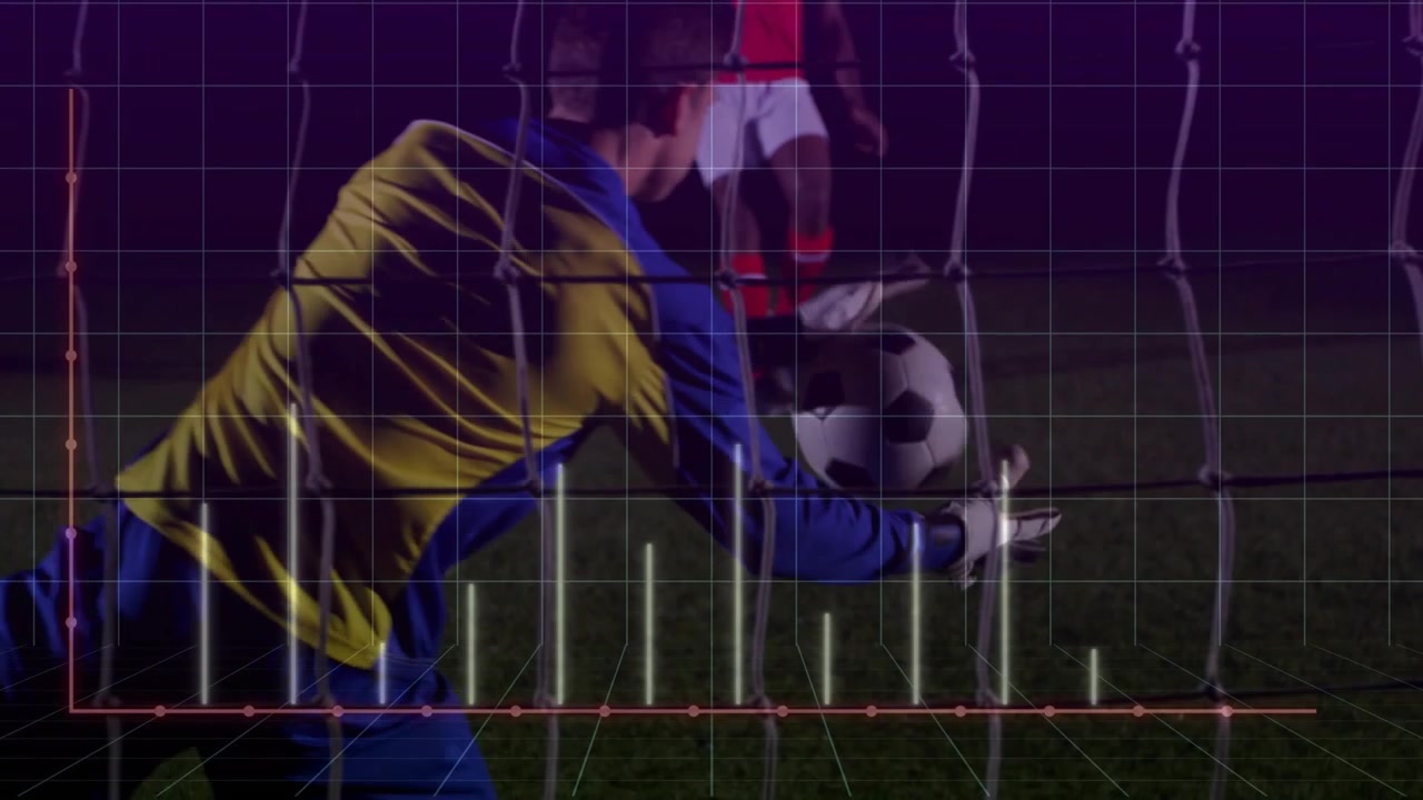 Portiere di calcio che si tuffa per parare il pallone dopo il tiro di un attaccante, con barre analitiche che si alzano sopra la porta.