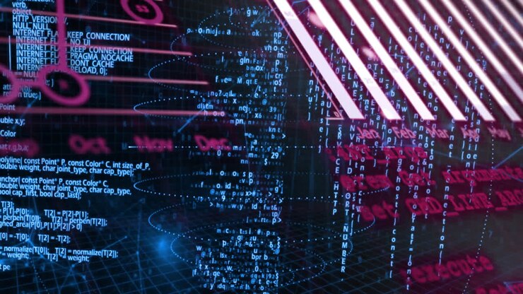 Animation of binary coding digital data processing and connections over black background