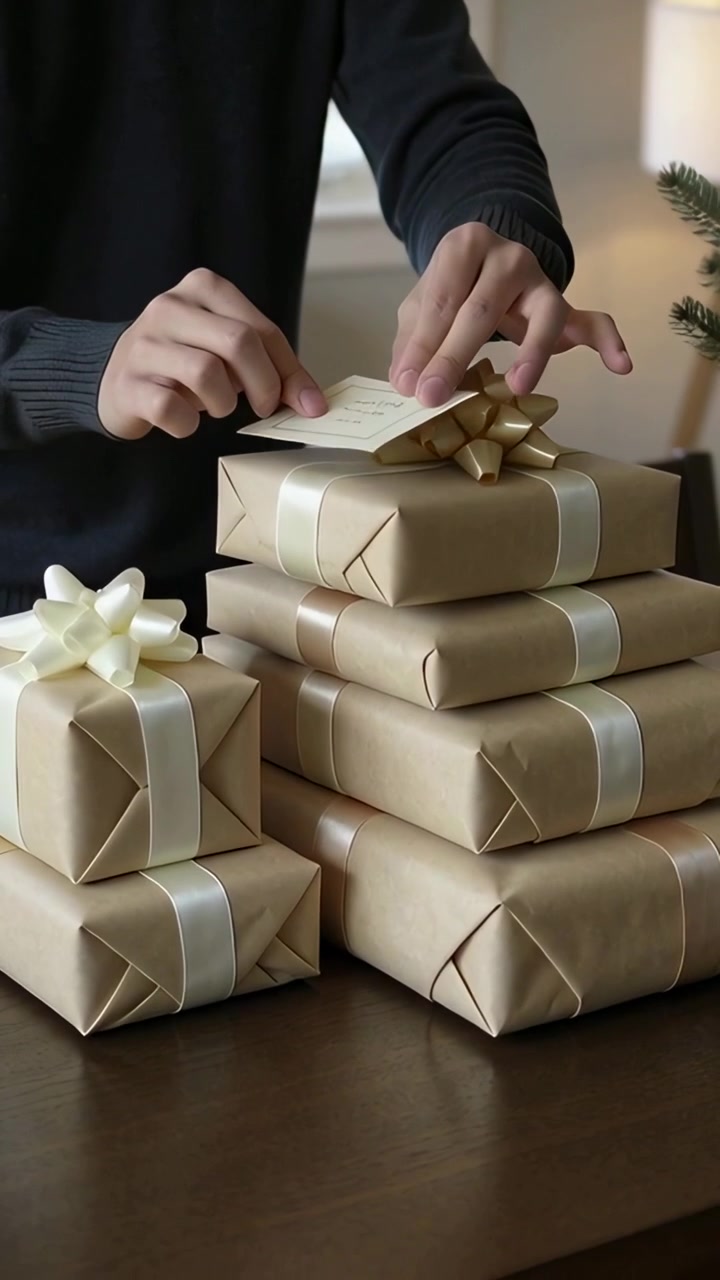 Video vertical: Hombre colocando un lazo dorado y presionando una cinta sobre regalos en casa durante las fiestas
