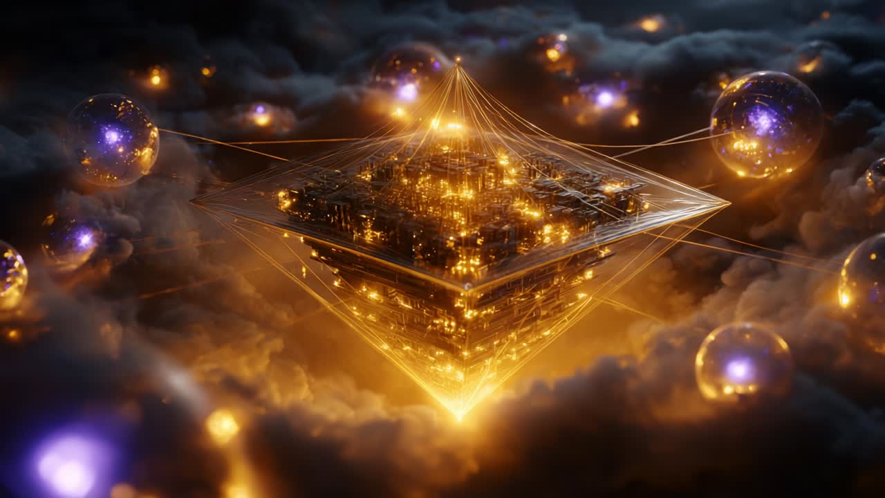 A stunning visual representation of a golden, glowing pyramid at the center, surrounded by luminous orbs and enveloped in ethereal clouds, showcasing a captivating blend of technology and cosmic elements