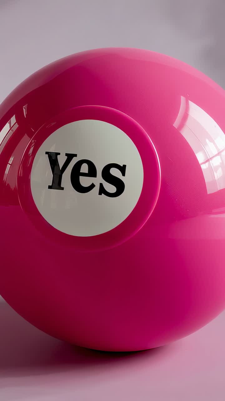 Vertical video: Shifting camera filming pink ball turning on pale table for label view, 'Yes' label