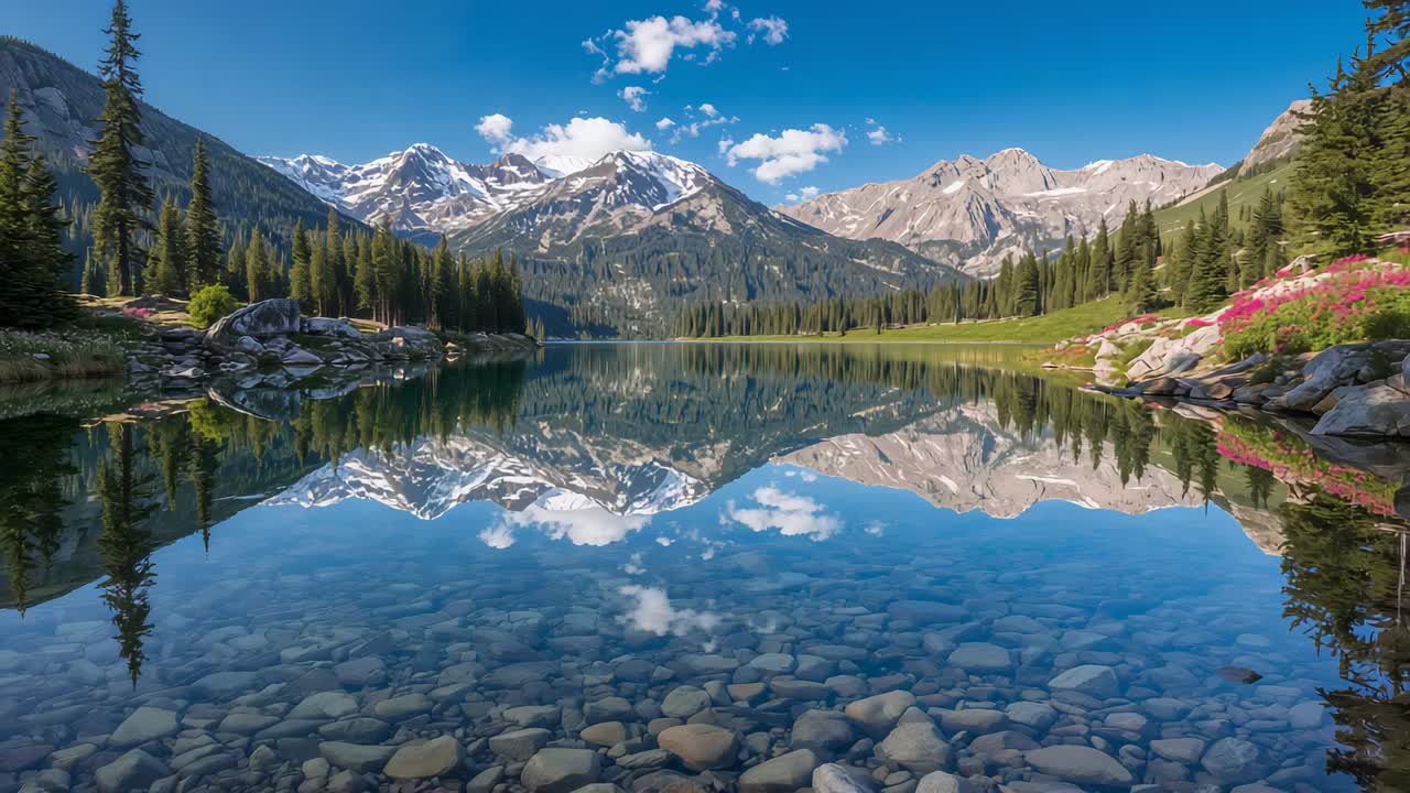 Lago alpino che riflette cime innevate che rispecchiano il profilo dei pini, brezza che crea piccole increspature