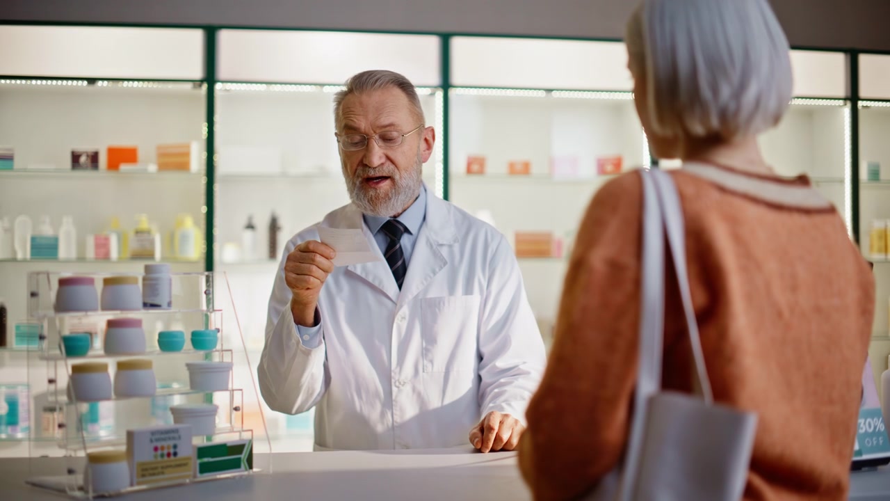 Senior pharmacist greeting client reading prescription. Doctor searching pills