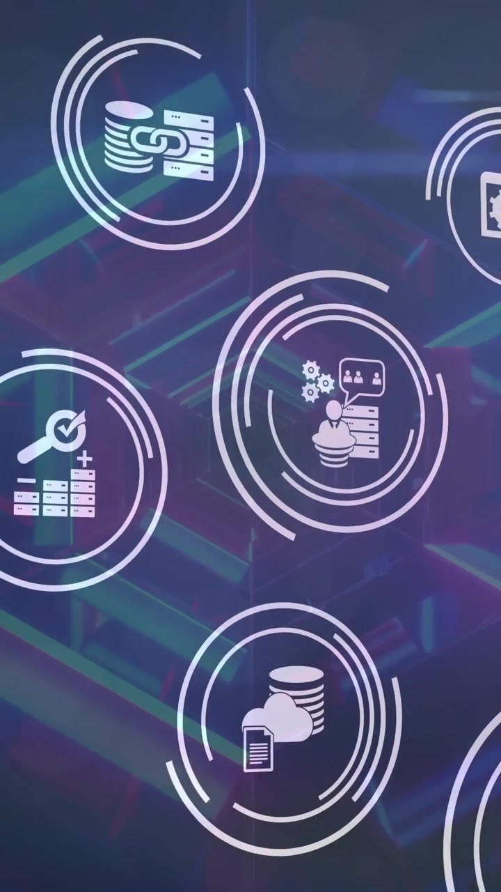 Animation of technology icons over digital tunnel on black background