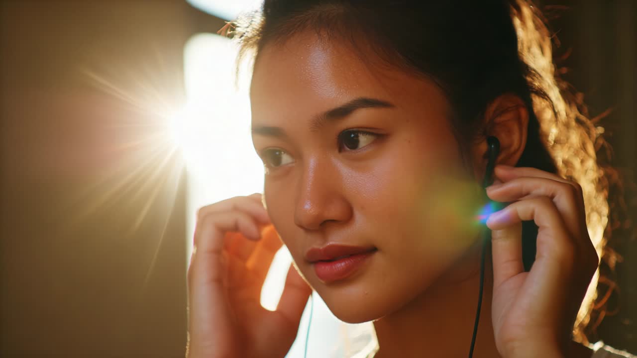 A Close-up of a Young Woman Enjoying Music with Earphones, Captured in a Warm Sunlit Environment, Showcasing Her Thoughtful Expression and the Serenity of Listening Experience