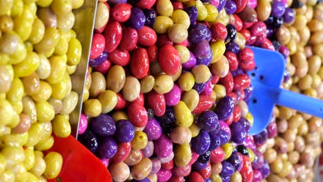 colorful assorted olives display at a market