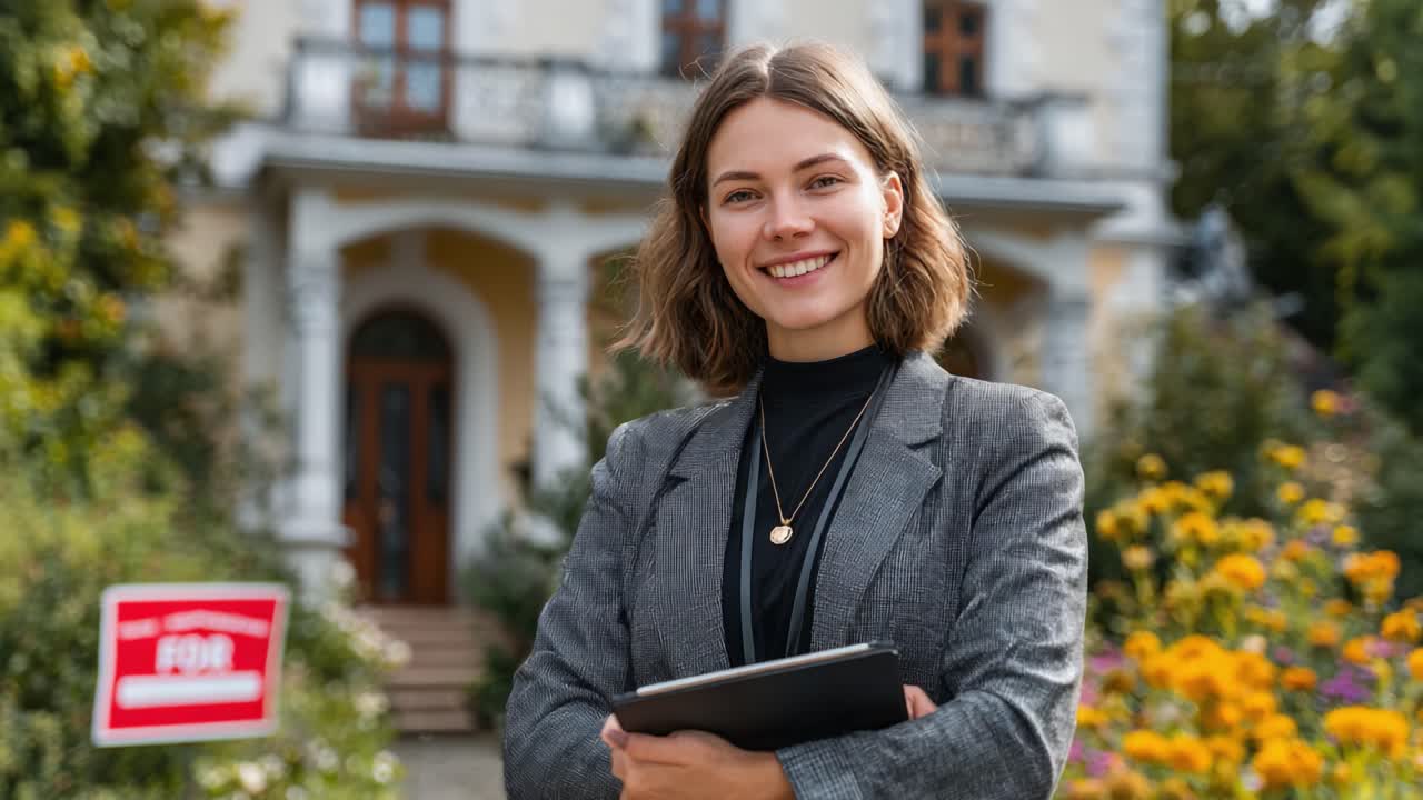 Confident Young Professional Ready to Assist in Real Estate Transactions with Beautiful Floral Surroundings and a Charming Property in the Background