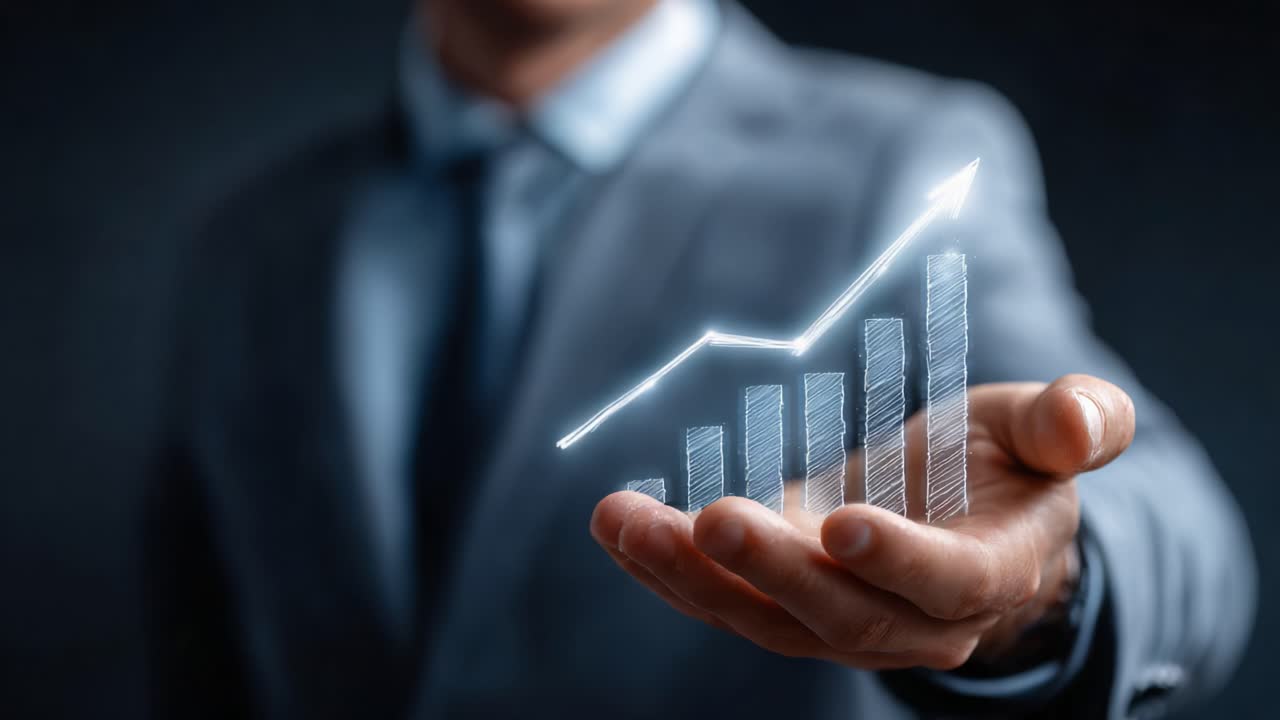 A Professional in a Suit Showcasing Growth through a Digital Graph, Symbolizing Progress and Success in Business Analytics and Financial Trends