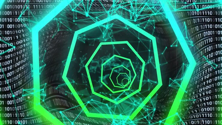 Animation of neon shapes over data processing on black background
