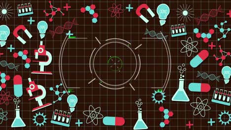 scope scanning multiple science concept icons moving on black background