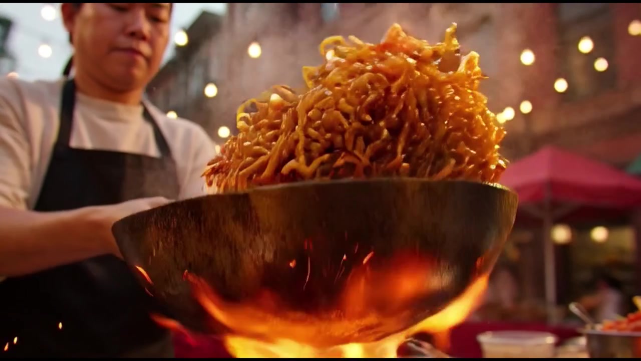 Chef che salta i noodles in un wok su fiamme vive