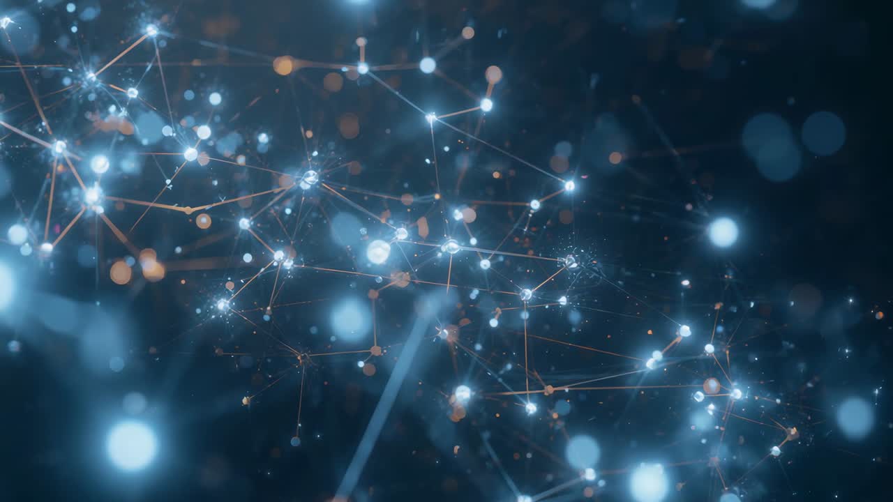 Frame advancing showing web shifting, glowing nodes pulsing in navy space diagonal beam and bokeh