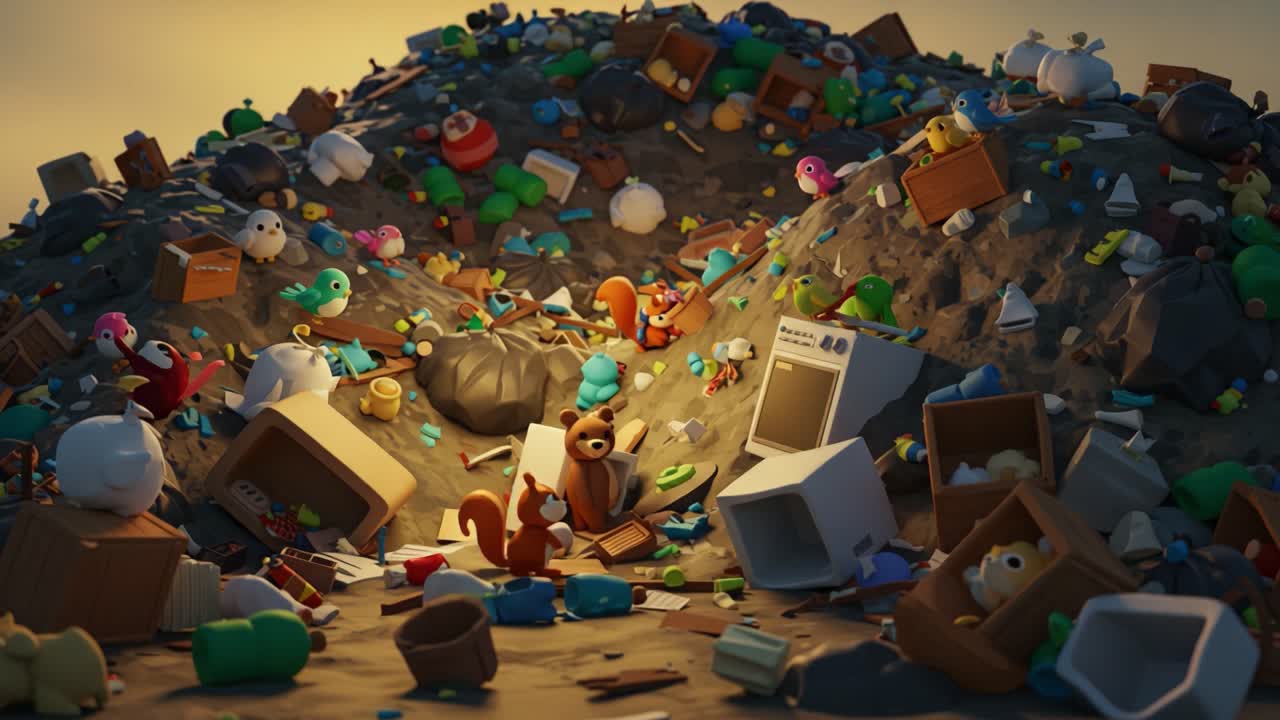 An adventurous scene unfolds among a chaotic mountain of colorful toys and debris, as a curious squirrel explores the vibrant yet cluttered landscape under a warm sunset glow