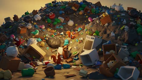 an adventurous scene unfolds among a chaotic mountain of colorful toys and debris, as a curious squirrel explores the vibrant yet cluttered landscape under a warm sunset glow