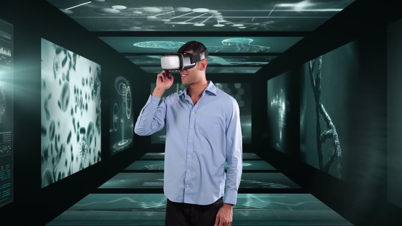 의료 데이터 처리와 함께 스크린 위에 vr 헤드 ⁇ 을 착용 한 사업자의 애니메이션