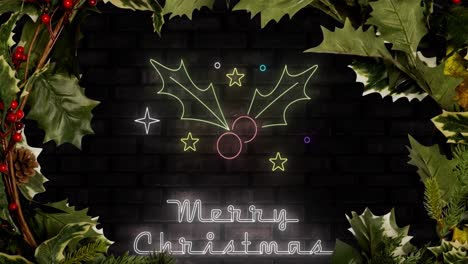 animation of merry christmas text over leaves and stars