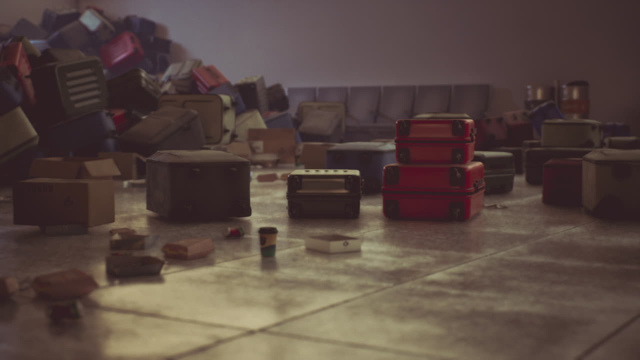 Abandoned airport interior showing scattered luggage and debris