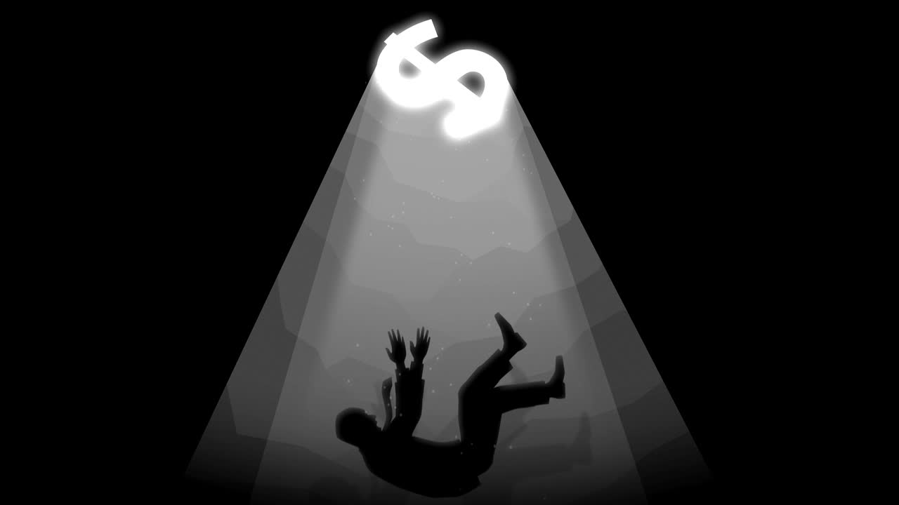 한 남자가 달러 기호 모양의 구으로 떨어지며 붕괴 개념 애니메이션