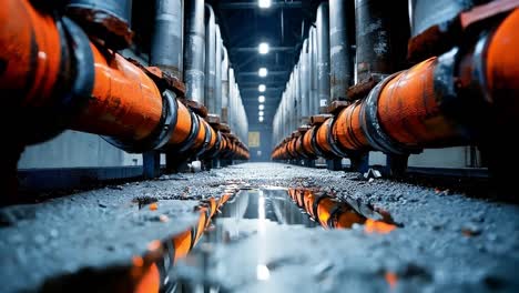 a row of orange pipes in a large industrial area