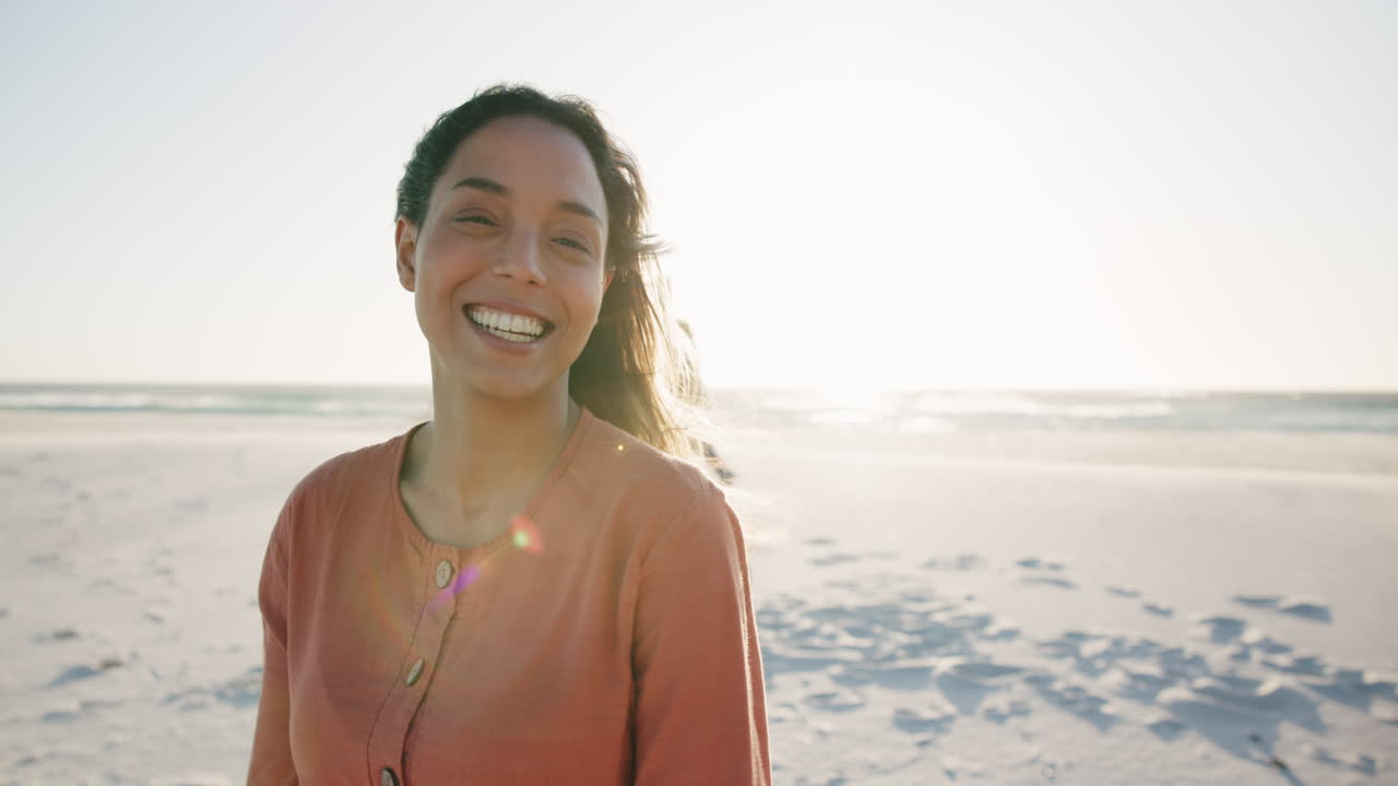 Beach, happy and face of woman with sunshine