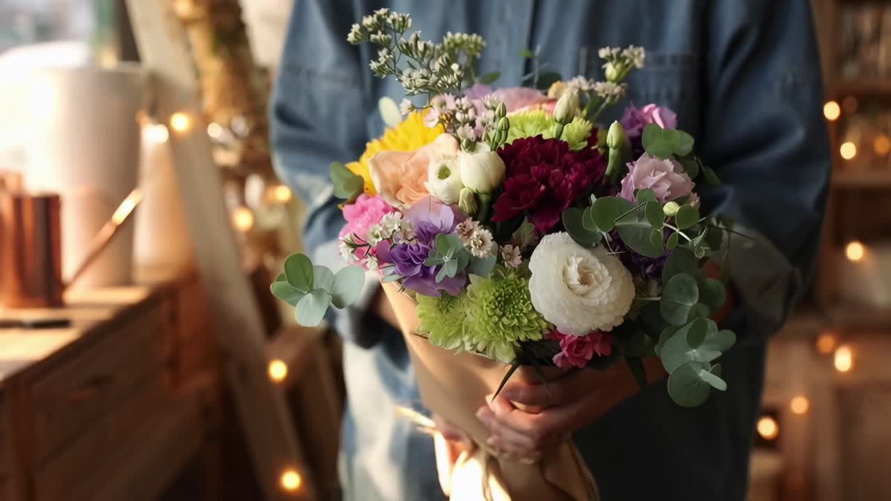 Video ravvicinato di mani che tengono un bouquet vivace, ripreso da un angolo frontale con illuminazione soffusa