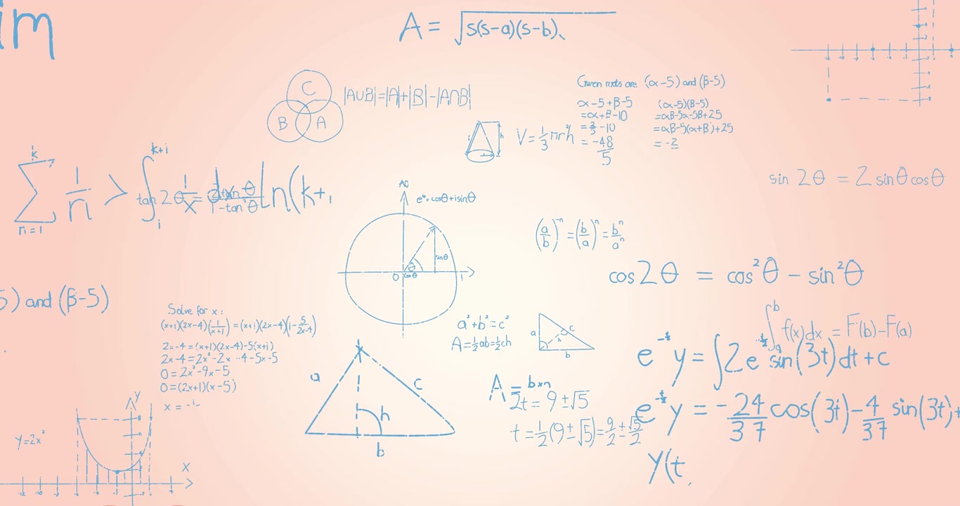 Animation of mathematical equations and formulas floating against pink gradient background