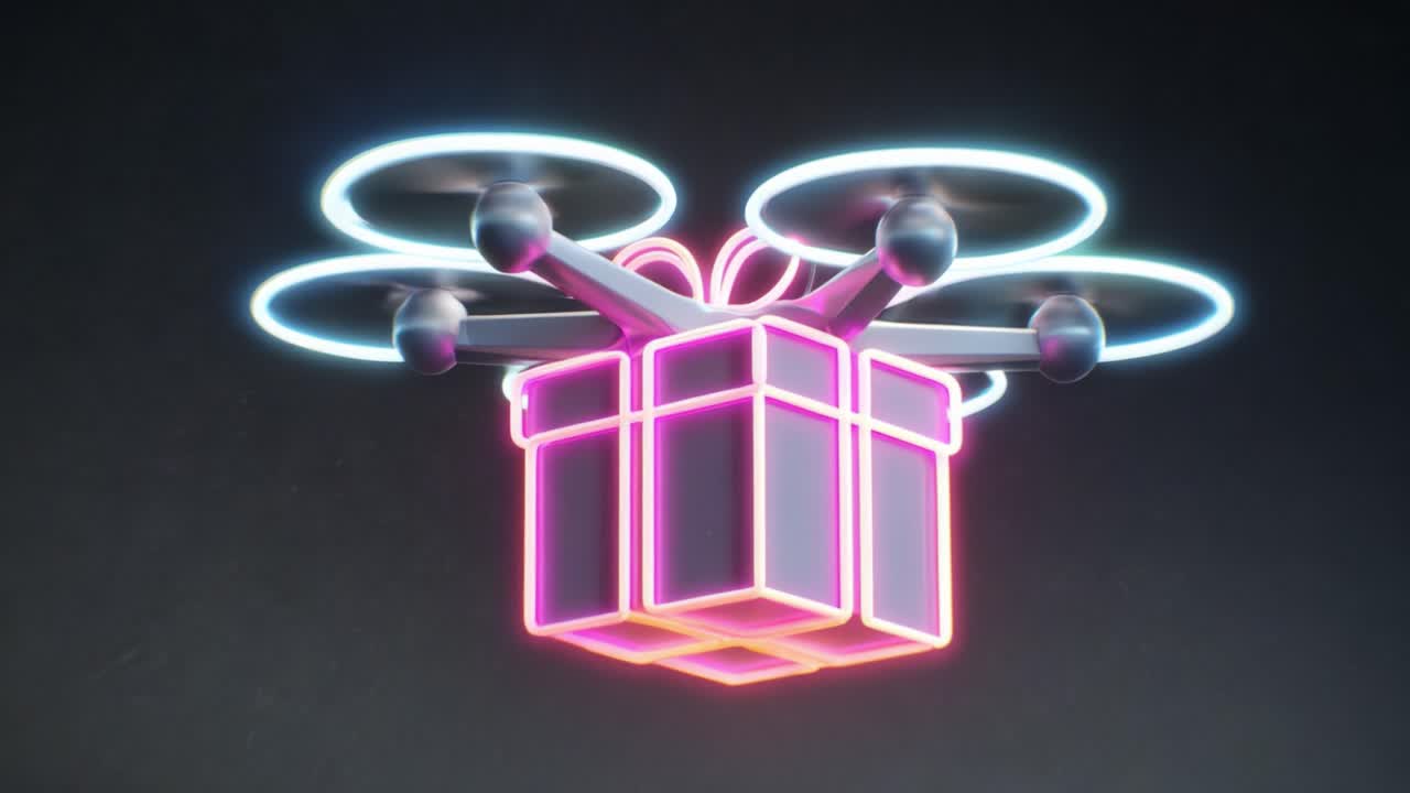 A futuristic drone delivers a vibrant neon gift box, showcasing innovation in technology and surprising delivery methods, perfect for festive occasions and celebrations