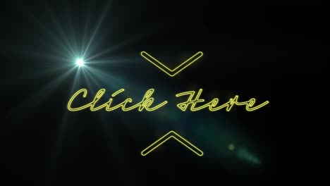 animation of click here text with arrow symbols and lens flare against black background