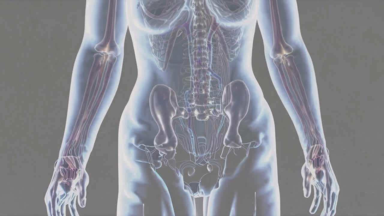The video explores the human anatomy with a transparent overlay, showcasing internal organs
