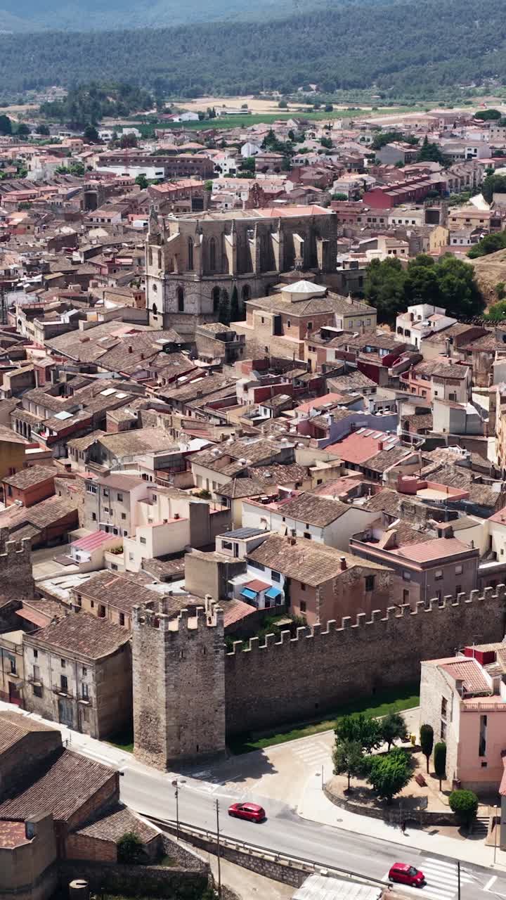 Vista aérea de un pueblo histórico con tejados y una iglesia