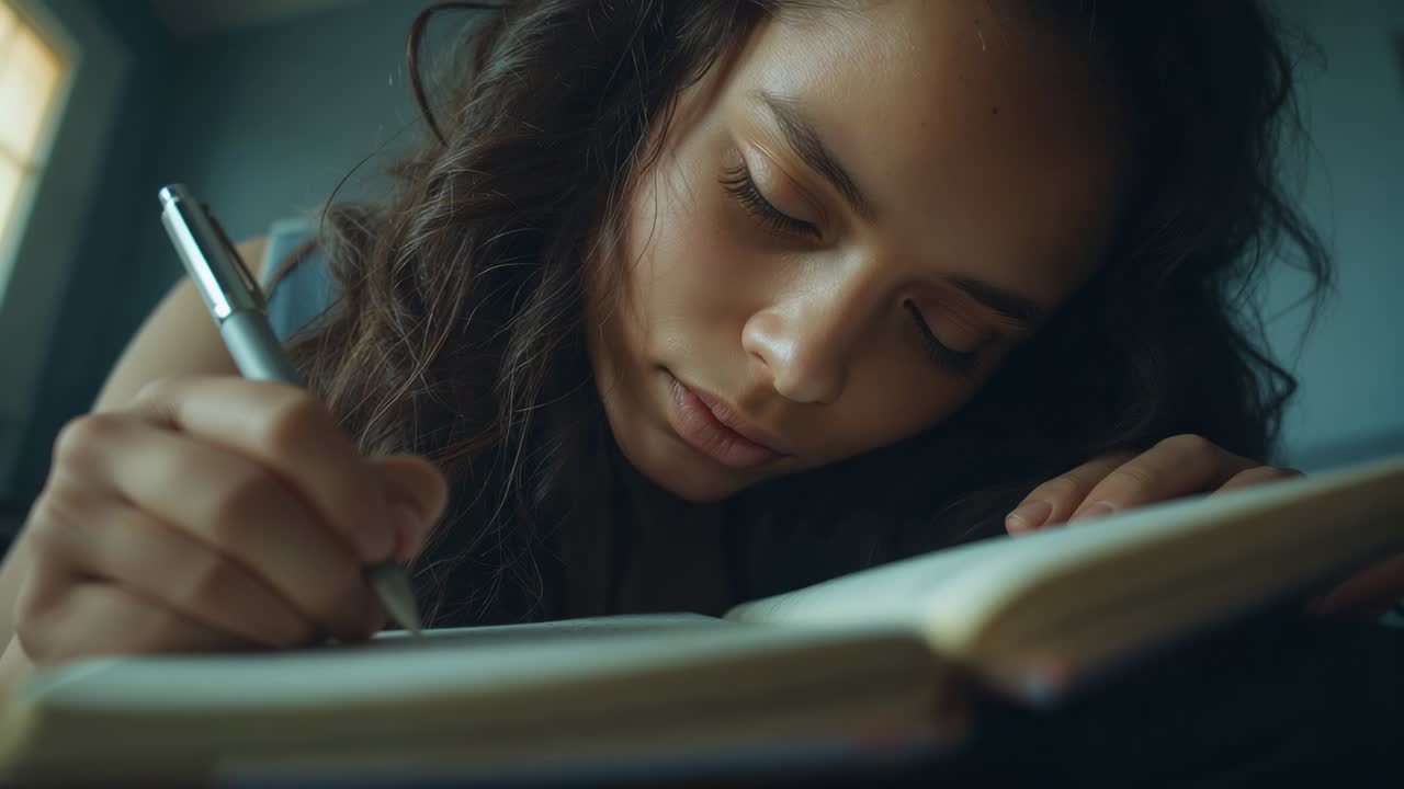 Writing student in sleeveless top starting bent over notebook at desk by window, studying with pen