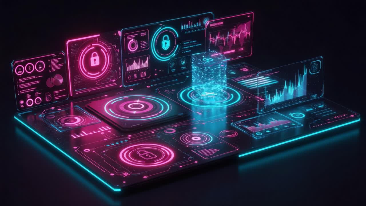Futuristic Digital Interface Displaying Secure Data Metrics and Analytics with Vibrant Neon Colors and Innovative Graphics for Advanced Technology Applications