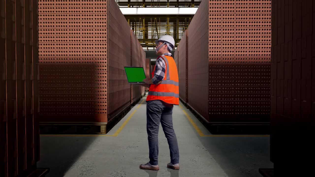 Full Body Back View Of Asian Male Engineer With Safety Helmet Working On A Green Screen Laptop And Looking Around While Standing With Red Brick Packed in Stacks Are Stored