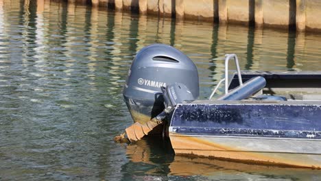 A stationary boat with an outboard motor rests on tranquil water, reflecting a serene lakeside environment