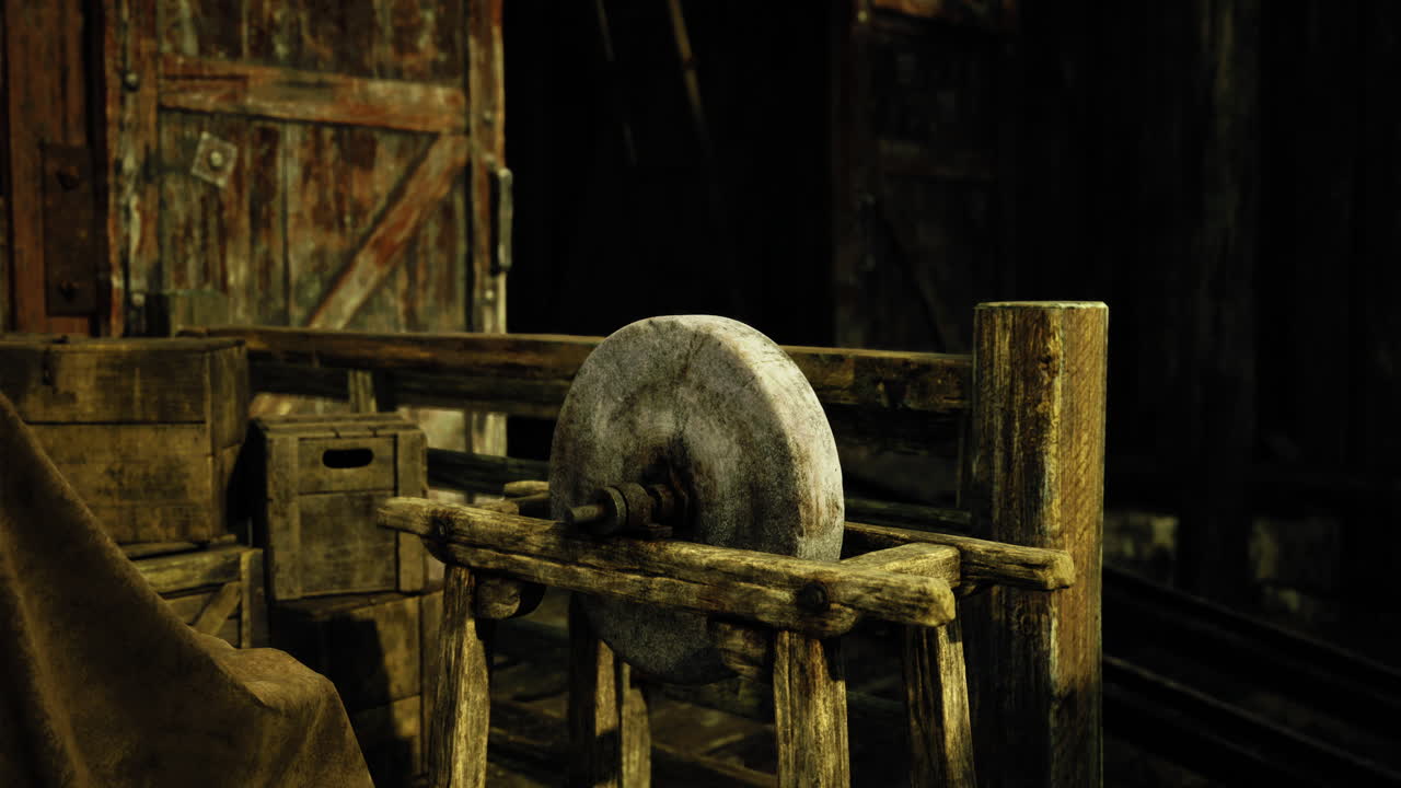 Wooden structure with a stone wheel in a rustic workshop environment