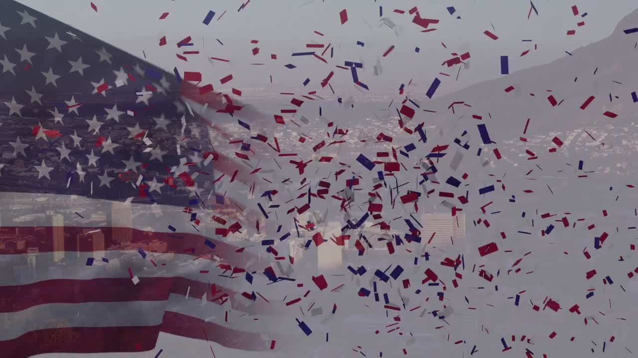 Animação de bandeira americana tremulando sobre paisagem urbana