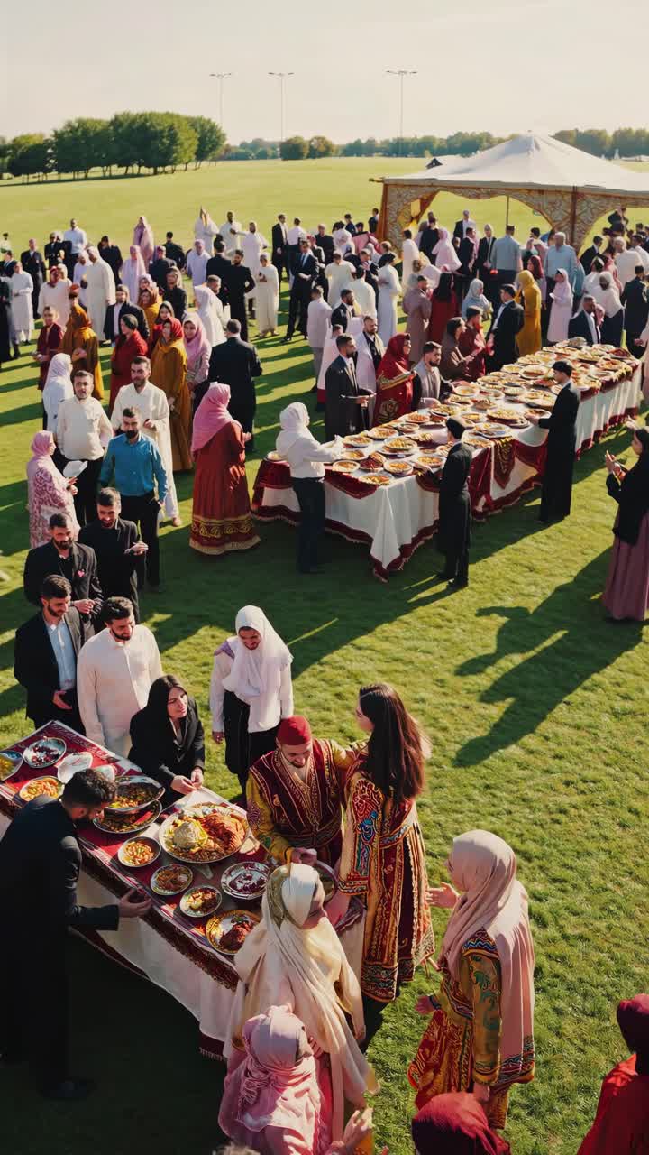 Guests are lining up to sample various dishes from a buffet table set up on a grassy field, during a vibrant outdoor celebration with traditional attire and a festive atmosphere