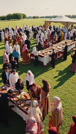 guests are lining up to sample various dishes from a buffet table set up on a grassy field, during a vibrant outdoor celebration with traditional attire and a festive atmosphere