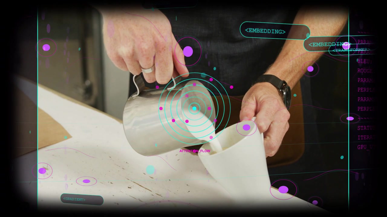 Male hands tilting pitcher and pouring milk, cup filling making latte, HUD overlays tracking pour