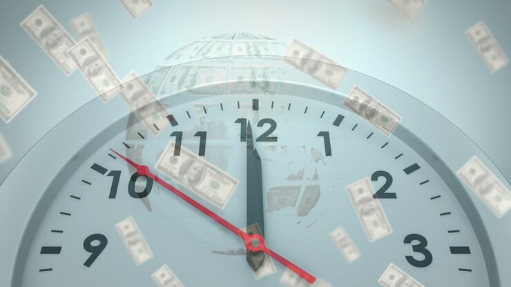 Starting near nine, red second hand moving to 12, dollars falling over globe, marking market close