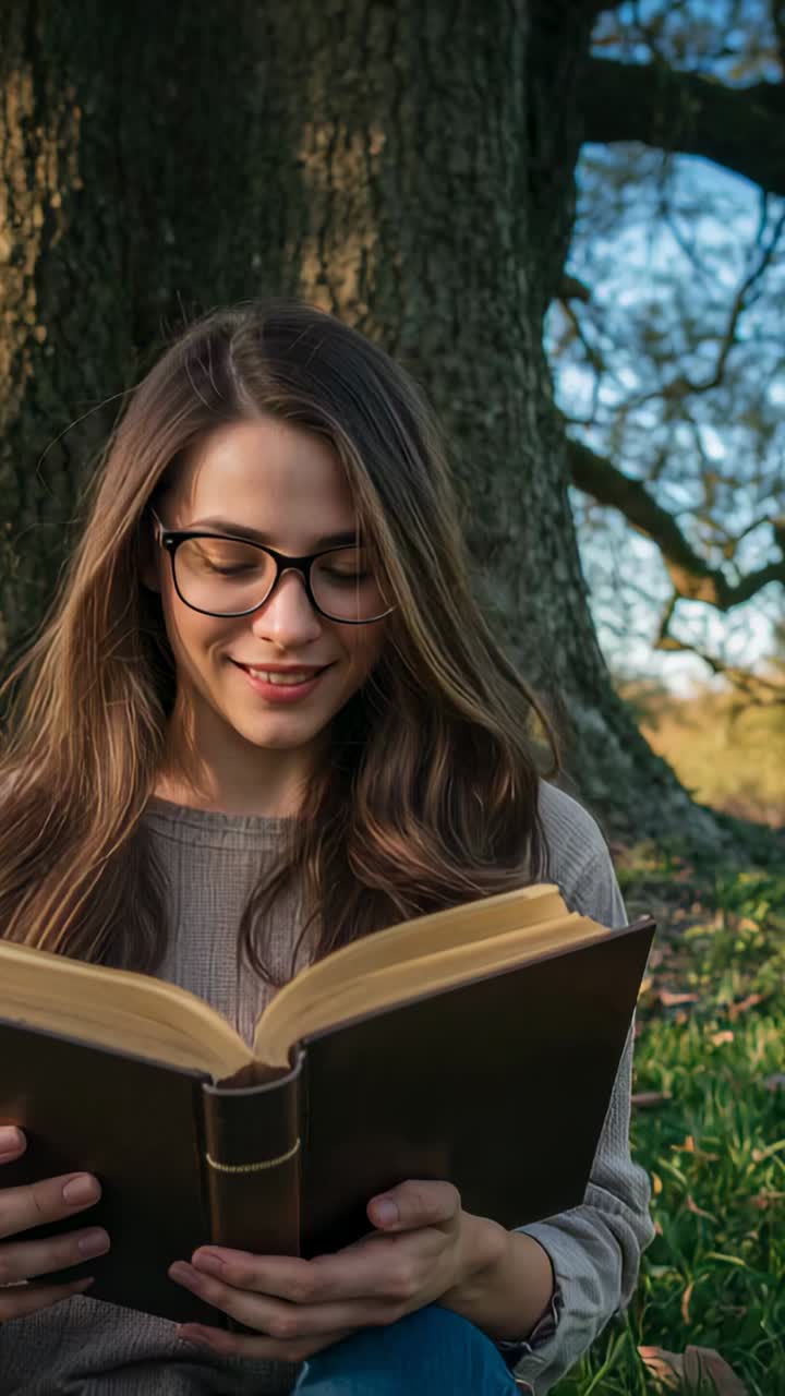 Vertical video: Opening book, woman with glasses and sweater reading by tree, turning page for rest