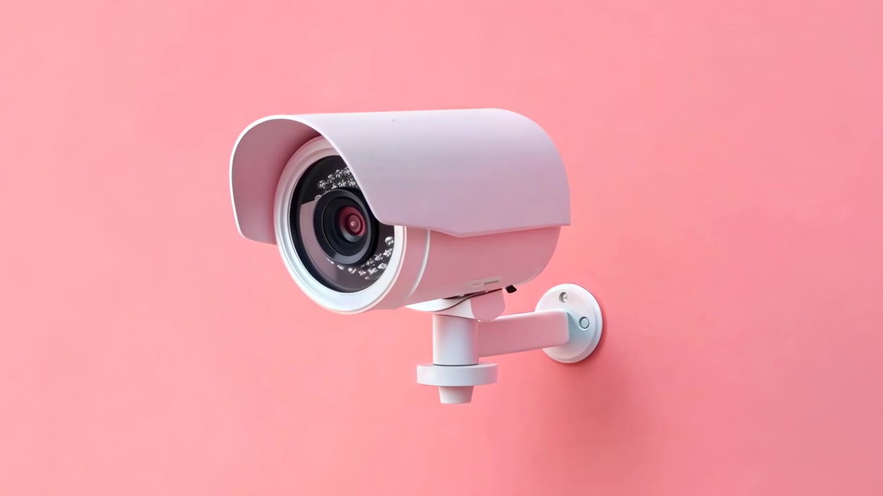 Telecamera di Sicurezza Bianca Montata su una Parete Rosa