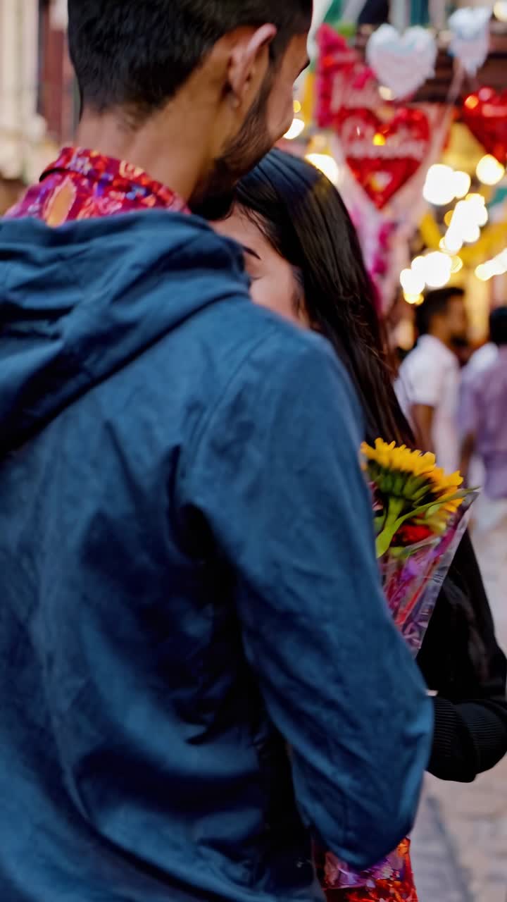 una joven pareja india romántica intercambiando ramos de flores, compartiendo risas alegres en medio de luces festivas y decoraciones coloridas durante la celebración de la noche