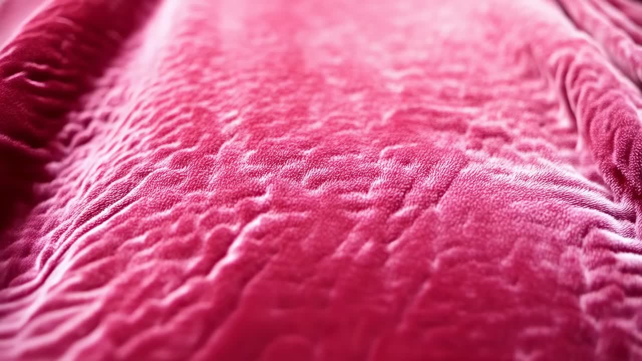 Coperta di peluche rosa che scivola e si sposta sul letto mentre la camera esegue il tracking, mostrando la cucitura e le increspature